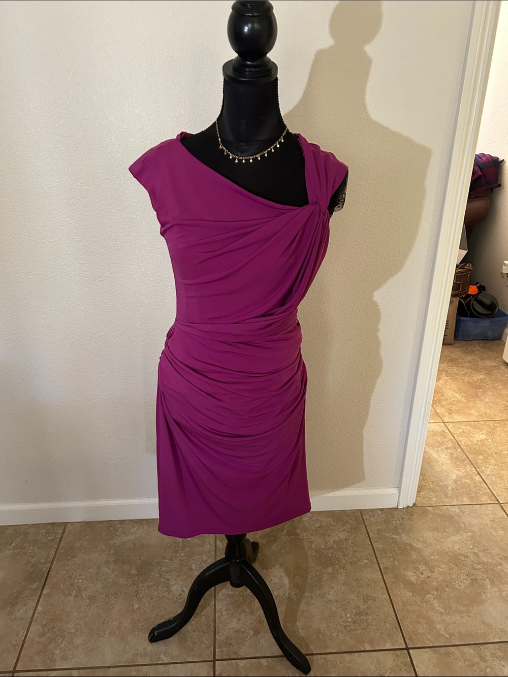New York & Company Magenta One-Shoulder Ruched Dress